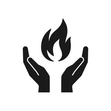 Black isolated icon of flame in hands on white background. Silhouette of fire Stock Illustration