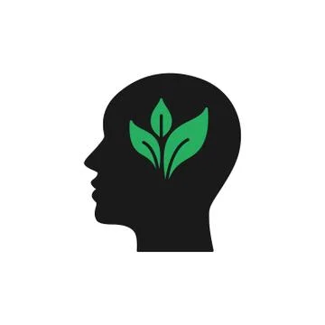 Black isolated icon of head of man and green leaf on white background. Silhou Stock Illustration