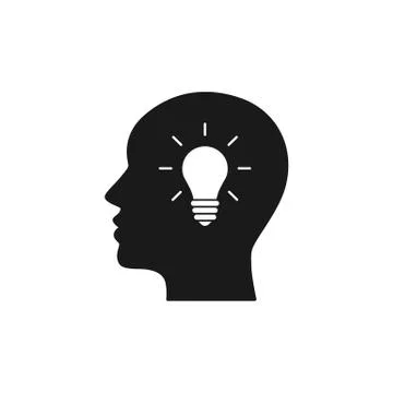 Black isolated icon of head of man and light bulb on white background. Silhou Stock Illustration