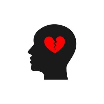 Black isolated icon of head of man and red broken heart on white background.  Stock Illustration