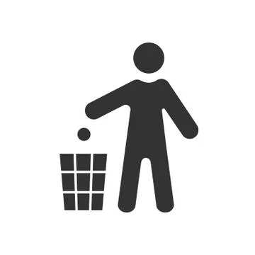 Black isolated icon of man throw garbage to dustbinon white background. Silho Stock Illustration