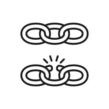 Black isolated outline icon of chain and broken chain on white background. Se Stock Illustration