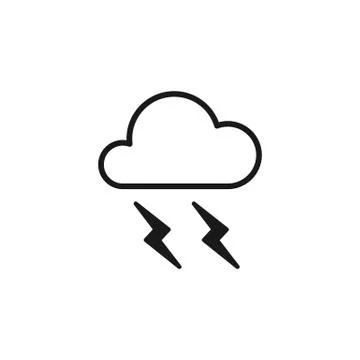 Black isolated outline icon of cloud with lightning on white background. Line Stock Illustration