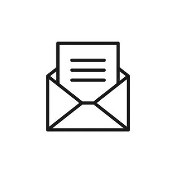 Black isolated outline icon of envelope with blank, document, letter on white Stock Illustration