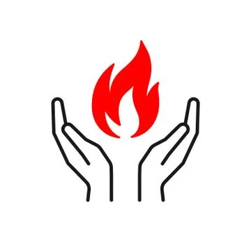 Black isolated outline icon of flame in hands on white background. Silhouette Stock Illustration