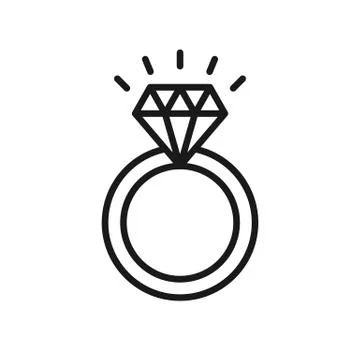 Black isolated outline icon of ring with diamond on white background. Line Ic Stock Illustration