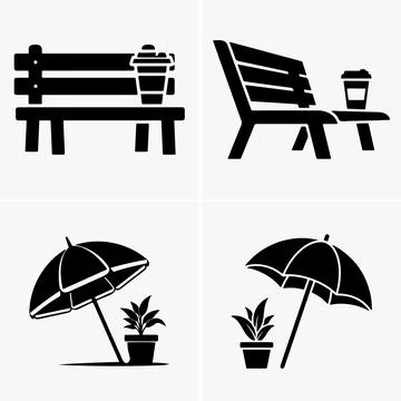 Black isolated set shows bench, coffee cup, potted plant, and umbrella icons Stockillustratie