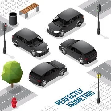 Black Isometric Hatchback Car from Front Back Right and Left Stock Illustration