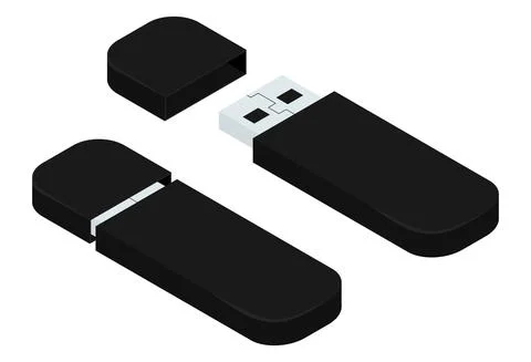 Black isometric USB flash-drives, open and closed. Stock Illustration