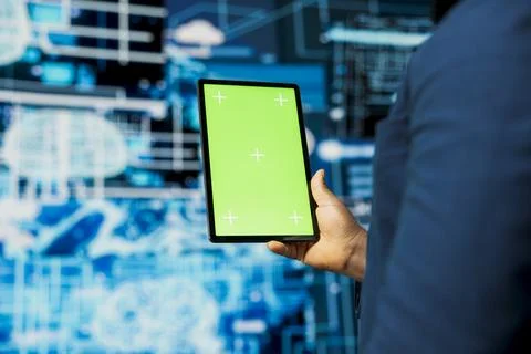 Black IT engineer analyzing algorithmic data next to copy space, Foto stock