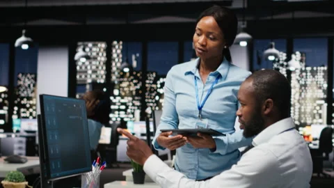 Black IT engineers team developing app and software algorithm on pc 스톡 동영상 318565021