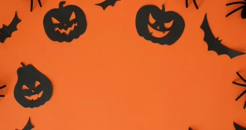 Black jack-o'-lanterns, spiders, bats and "Happy Halloween" text Stock Footage 344844353