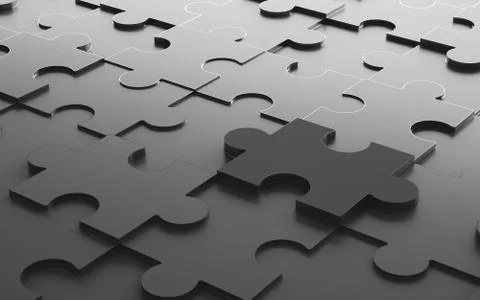 Black jigsaw puzzle, pattern texture background in business concept. 3d illus Foto stock