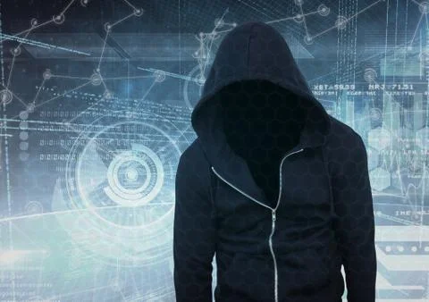 Black jumper hacker, in front of the white interface Stock Illustration