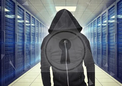 Black jumper hacker with out face hacking  a interface, white lock Illustrazione stock