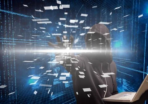 Black jumper hacker with out face sit with the computer binary code blue Illustrazione stock