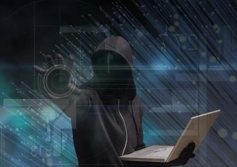 Black jumper hacker with out face sit with the computer 스톡 일러스트