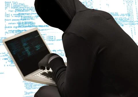 Black jumper hacker with out face with computer, white and blue code background Stock Illustration