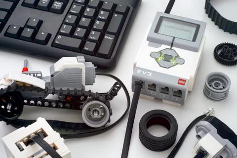 Black keyboard and coding LEGO MINDSTORMS EV3 robot blocks. Stock Photos
