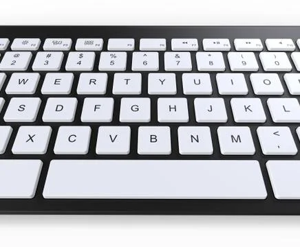Black keyboard with white keys, front closeup shot. Ilustración de archivo