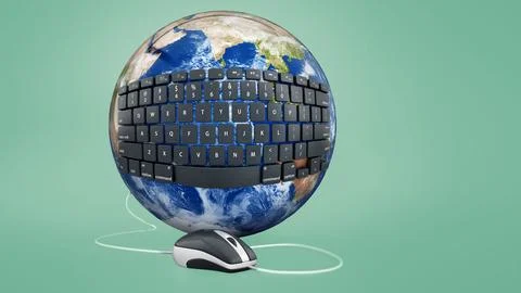 Black keyboard wrapped on the earth connected to computer mouse. 3D illustr.. 스톡 일러스트