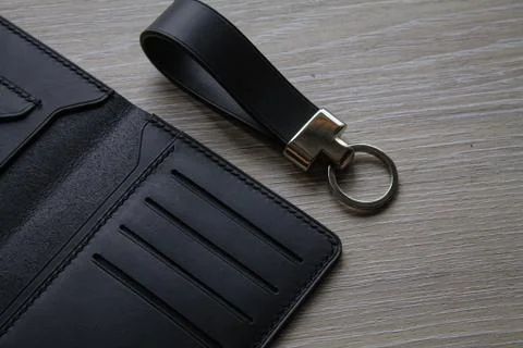 Black keychain  and auto-document  made of genuine Italian leather handmade Stock Photos