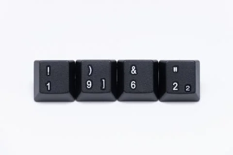 Black keys of keyboard with different years, words, names Foto stock