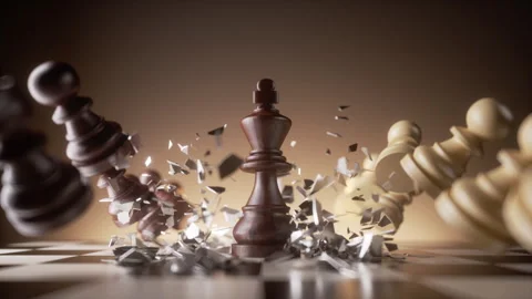 The black king chess piece falls to the chessboard and smashes the black pawns Stock Footage 321693465