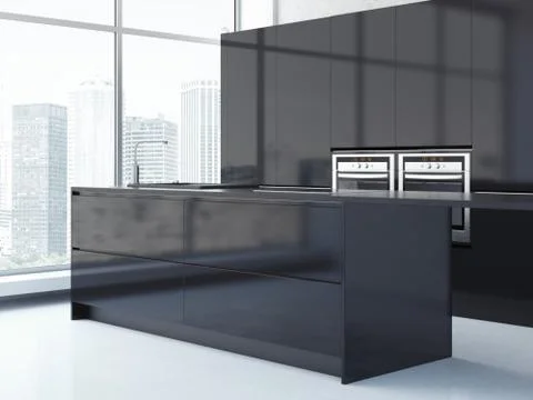 Black kitchen with big windows. 3d rendering 스톡 일러스트