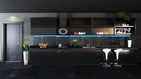 Black kitchen design with dark interior concept decor idea Stock Photos