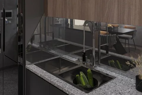 Black Kitchen Interior with Black Wall Mirror, Water Tap, and Wooden Cupboa.. Stock Photos
