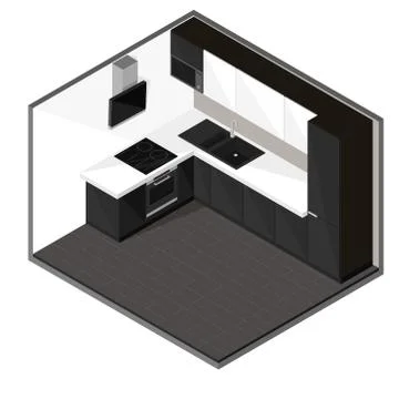 Black kitchen in isometric style. Vector illustration. Stock Illustration