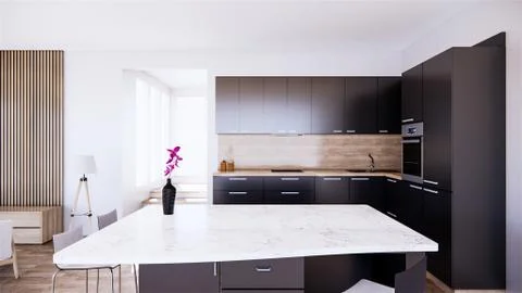 Black kitchen room interior with Kitchen counter on wooden tiles. 3D renderin Stock Illustration
