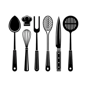 Black kitchen utensils including chef hat cooking tools black kitchenware c.. Stock Illustration