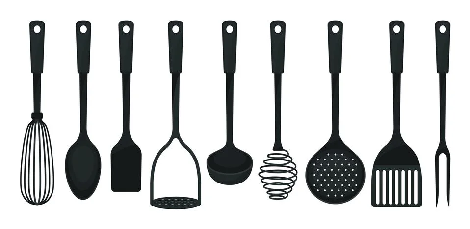 Black kitchenware on white background. Household concept. Stock Illustration