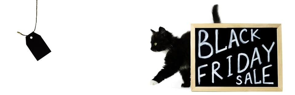 Black kitten moves out from behind a sign with a white chalk inscription Blac Stock Photos