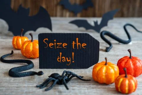 Black Label, Text Seize The Day, Scary Halloween Decoration Stock Photos