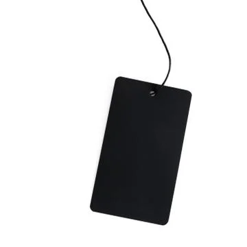Black label on thread on white background, isolated. Stock Photos
