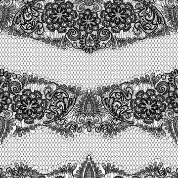 Black lace seamless pattern with flowers on white background  - fabric design Illustrazione stock
