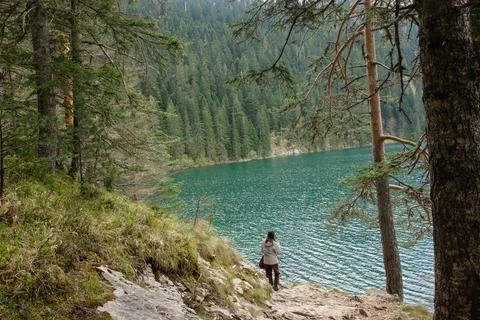 The Black lake surrounded by pine forest in Durmitor National Park, Zabljak Stock Photos