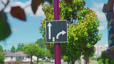 Black lane use traffic control sign showing straight and right turn arrows Stock Footage 341901610