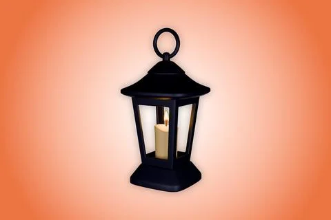 A black lantern with a candle inside, casting a warm, flickering glow Stock Illustration