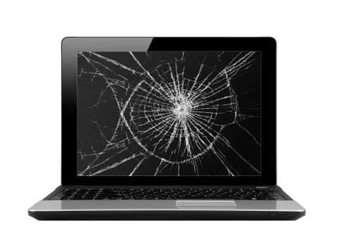 Black laptop with broken screen isolated on white Stock Photos