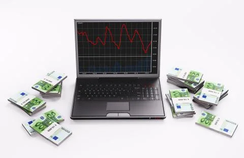 Black laptop with chart and stacks of euros 3d Stock Illustration