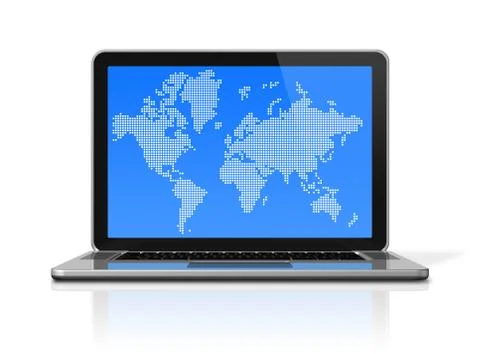 Black laptop computer isolated on white with worldmap on screen Stock Illustration