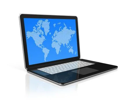 Black laptop computer isolated on white with worldmap on screen Illustrazione stock