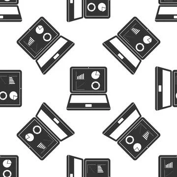 Black Laptop with graph chart icon isolated seamless pattern on white background Stock Illustration