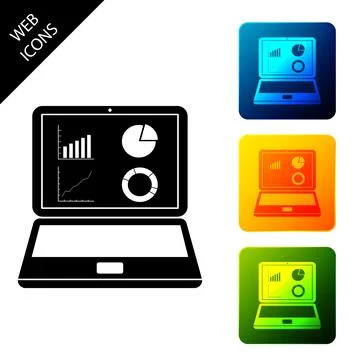 Black Laptop with graph chart icon isolated on white background. Report text Stock Illustration