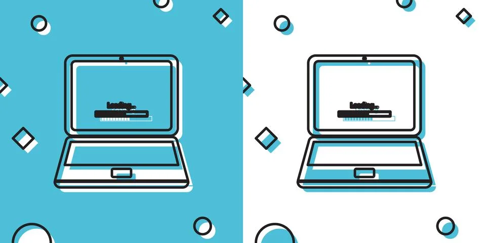 Black Laptop update process with loading bar icon isolated on blue and white 库存插图