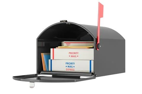 Black Large Mailbox with parcels, 3D rendering Stock Illustration